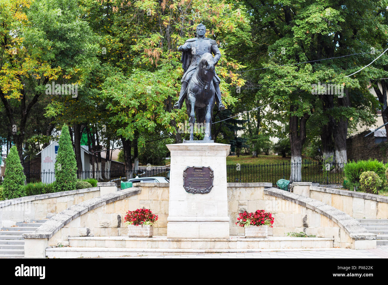 PYATIGORSK, RUSSIA - SEPTEMBER 17, 2018: front view of Monument to General Alexei Yermolov, hero of the Caucasian War. Statue was set up with funds ra Stock Photo