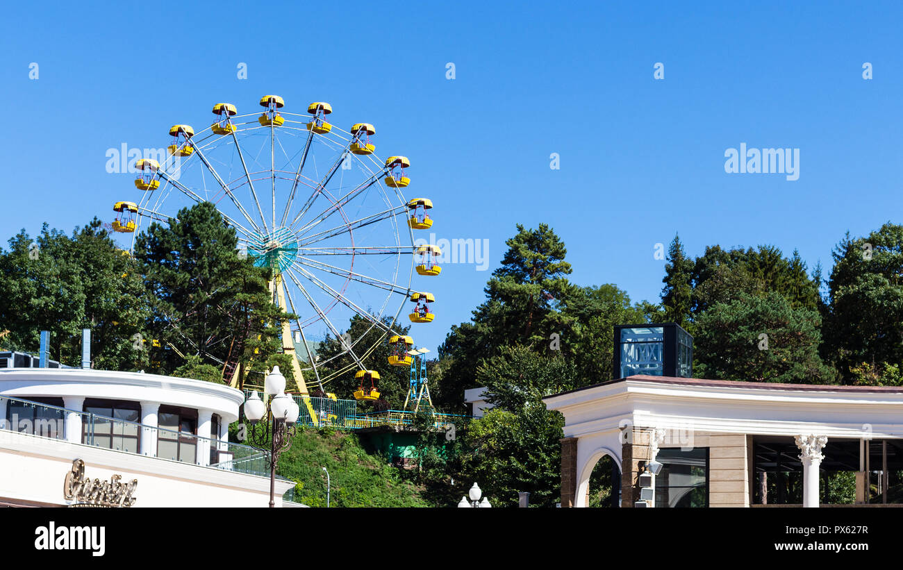 KISLOVODSK, RUSSIA - SEPTEMBER 19, 2018: observation wheel in urban park in Kislovodsk resort town. Kislovodsk is spa city in Caucasian Mineral Waters Stock Photo
