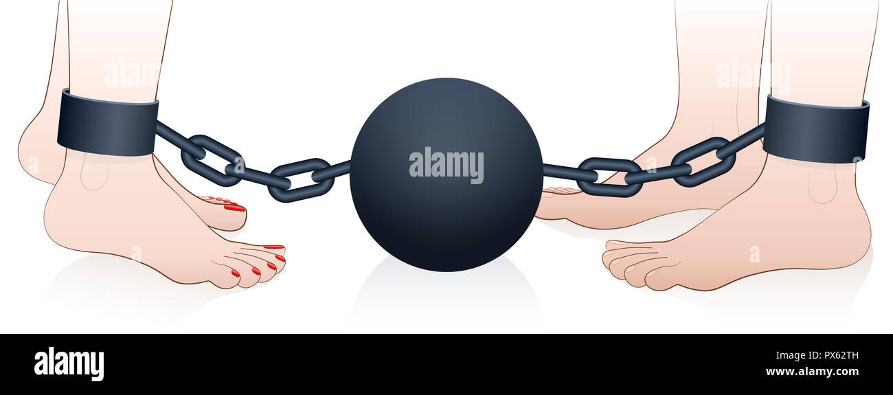 Chained love couple with iron ball and chain. Symbolic for possession, restriction, jealousy, domination and captivity in partnership. Stock Photo