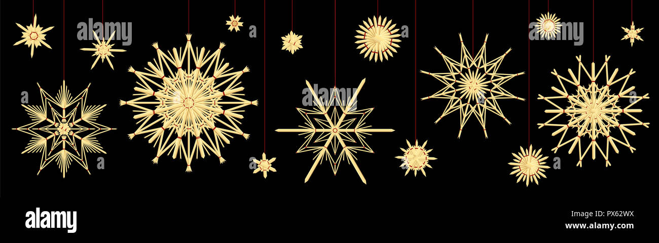 Straw stars. Different old fashioned vintage Christmas tree deco - illustration on black background. Stock Photo