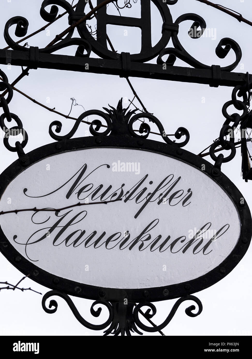 Sign Neustifter Hauerkuchl, typical Viennese Heurigen restaurant, Austria, Vienna, 19. district Stock Photo