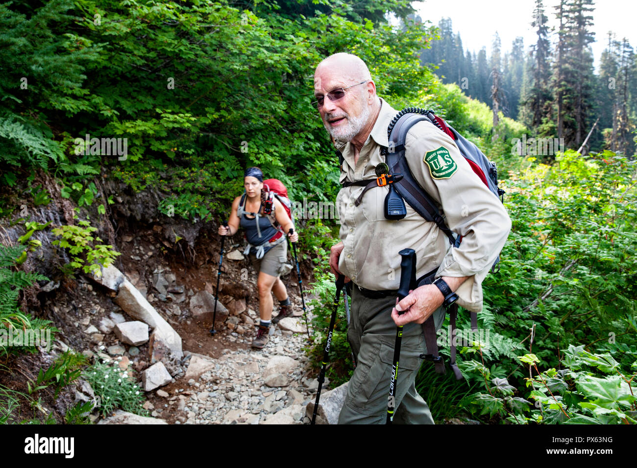 WA14850-00...WASHINGTON - Forest Service Volunteer John Spring on the Snow Lakes Trail in the Baker -Snoqualmie National Forest. (MR# S6) Stock Photo