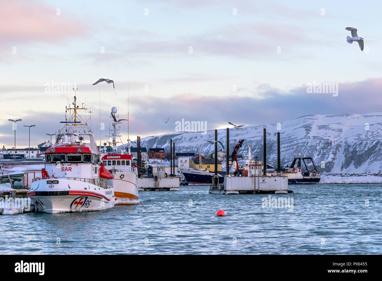 From the small fishing village of Batsfjord, Finnmark county, north Norway. Rescue vessel SAR - RS 110 Reidar von Koss is based there. Stock Photo
