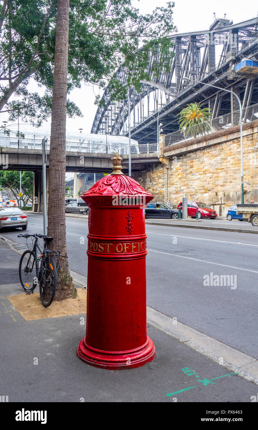 Traditional Australia Post red pillar box on Hickson Road Sydney NSW Australia. Stock Photo