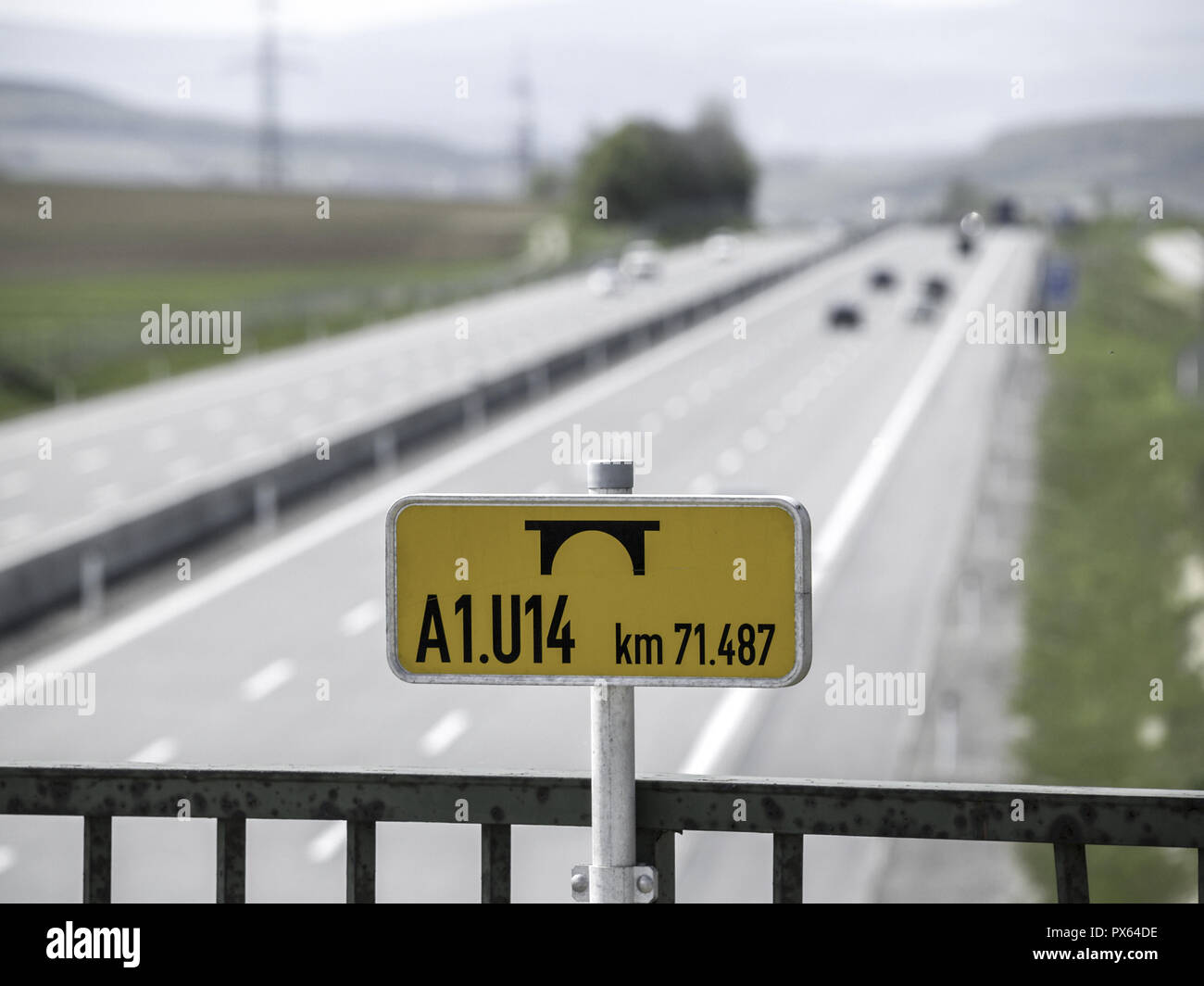Sign, bridge, distance in kilometres Stock Photo - Alamy
