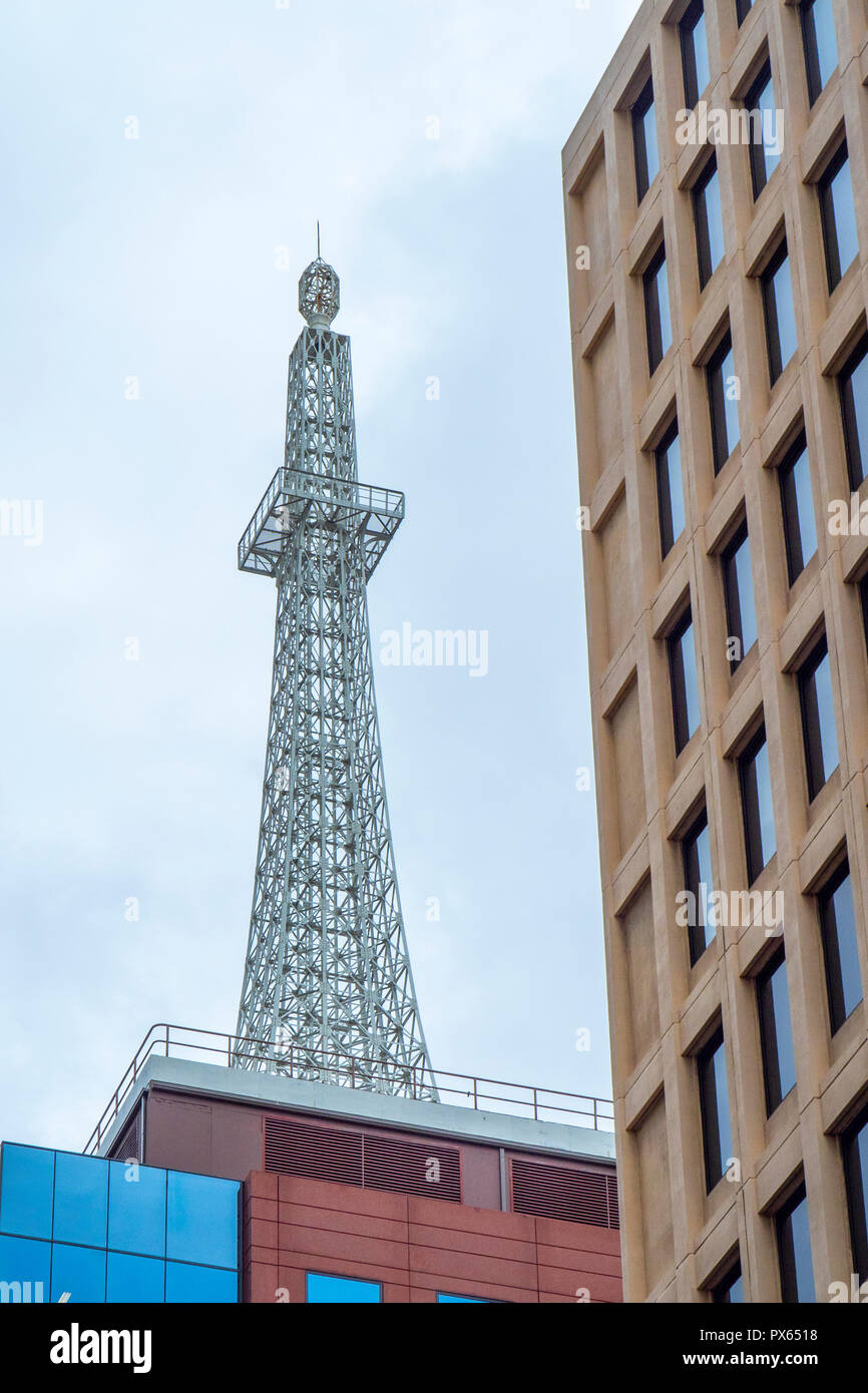 Iconic AWA metal lattice radio transmission tower above the Art Deco building Sydney NSW Australia. Stock Photo