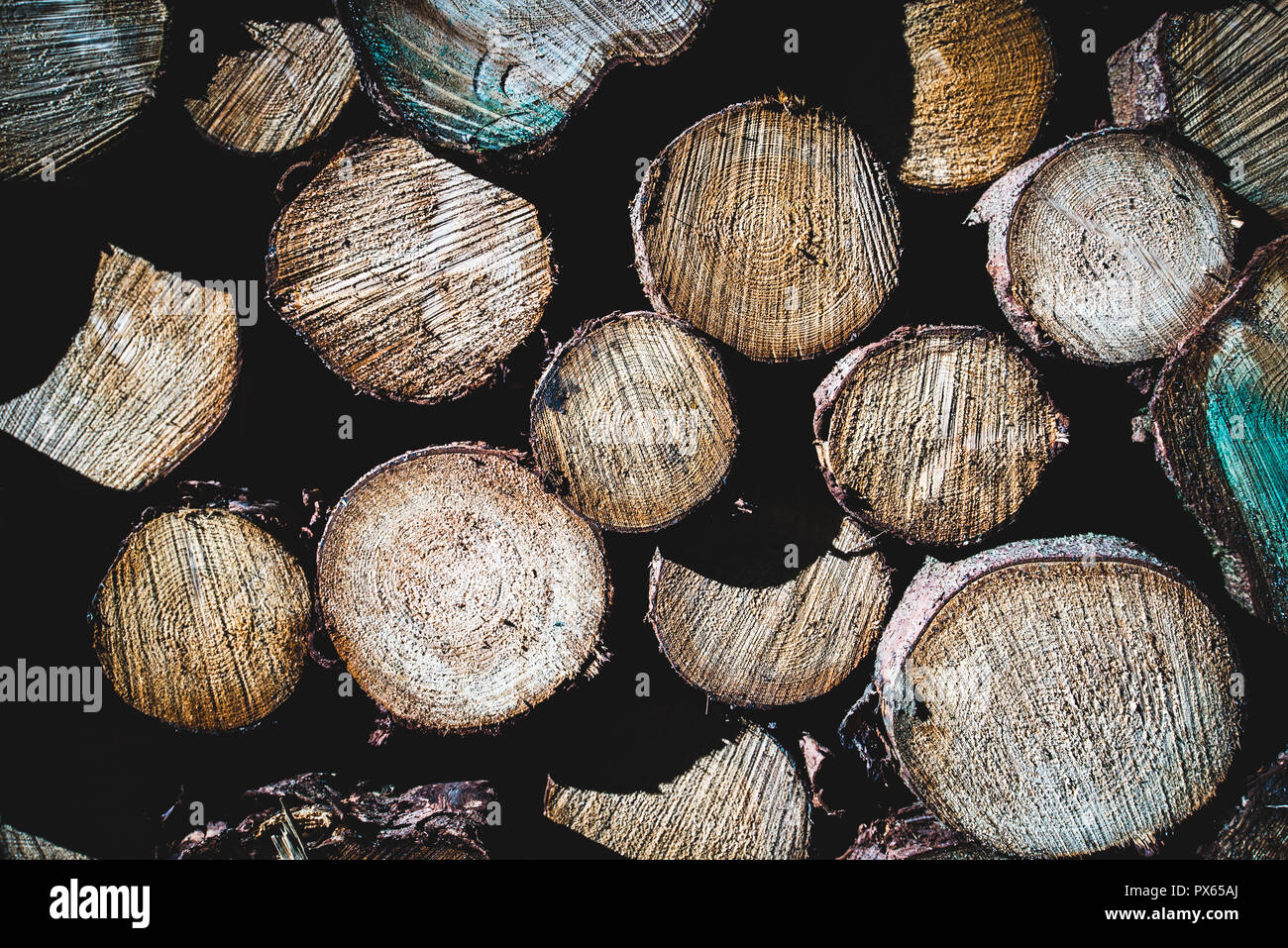 Cut Logs piled in stack/wall. Logging industry/Decoration Stock Photo