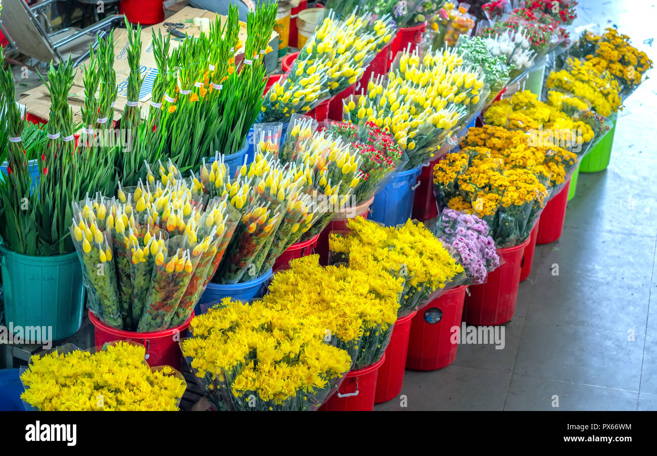 Colorful fresh organic fresh flowers in market. Stock Photo
