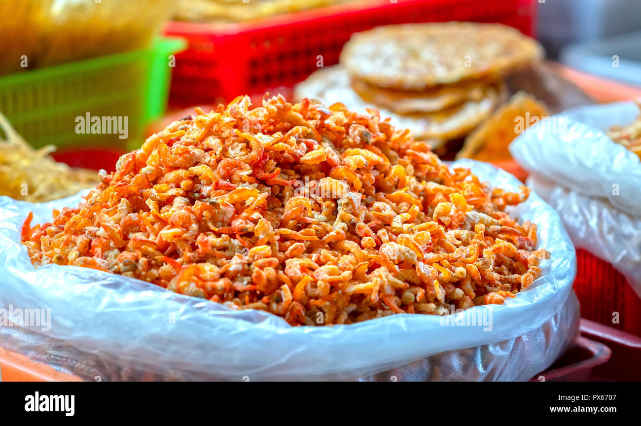 Dried shrimp is sold at seafood market in Vietnam. Shrimp is dried and