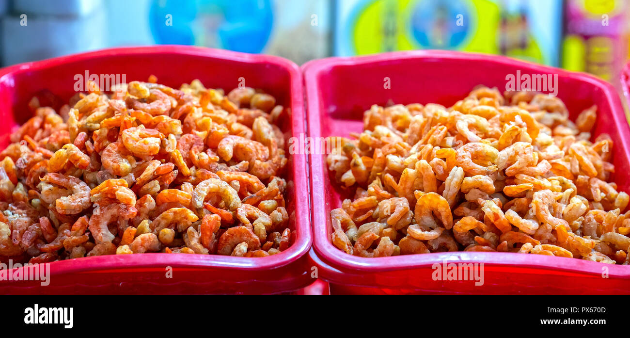 Dried shrimp is sold at seafood market in Vietnam. Shrimp is dried and