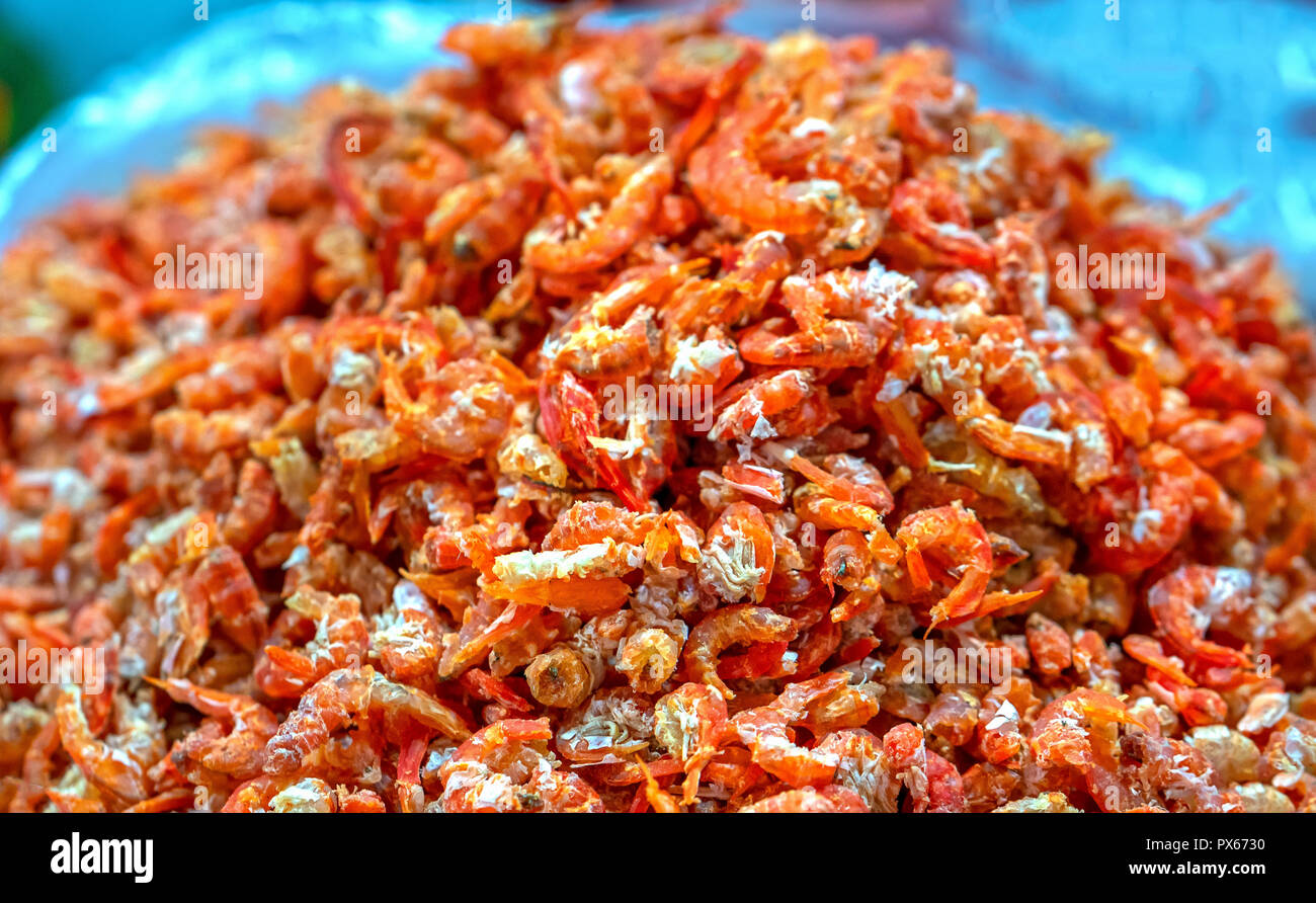Dried shrimp is sold at seafood market in Vietnam. Shrimp is dried and