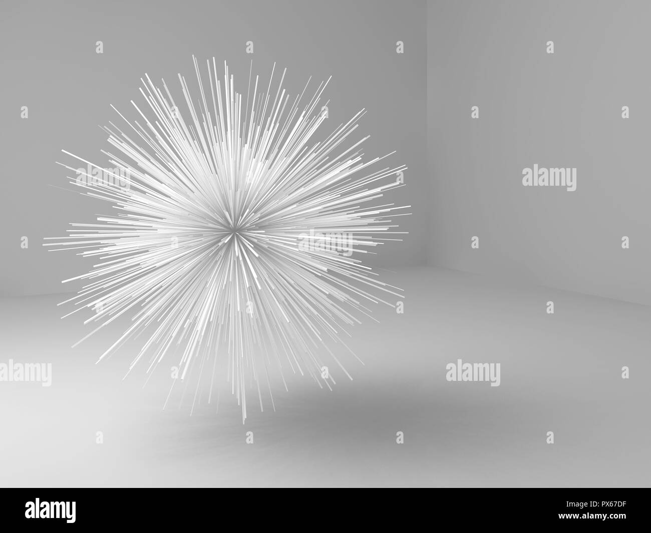 Abstract sharp star shaped object flying in empty white room, 3d illustration Stock Photo