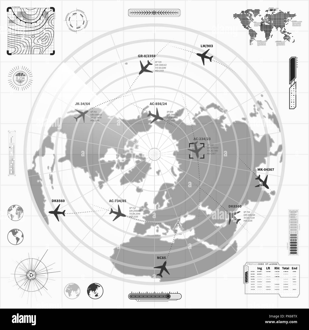 Black and white military radar display with with planes traces and target sign Stock Vector