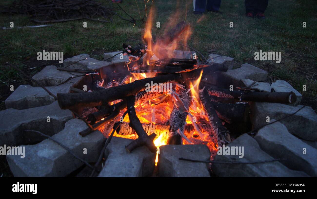 Branches of firewood in a campfire made of paving bricks. Stock Photo