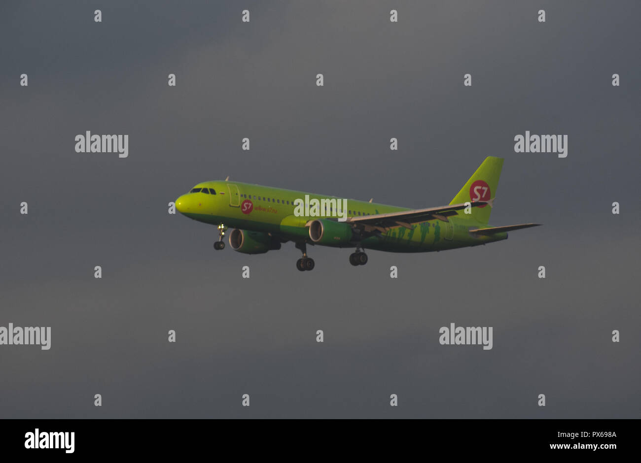 8 JULY 2018 Russia, Moscow. The aircraft Airbus A320 S7 Airlines is landing at the Domodedovo airport. Stock Photo