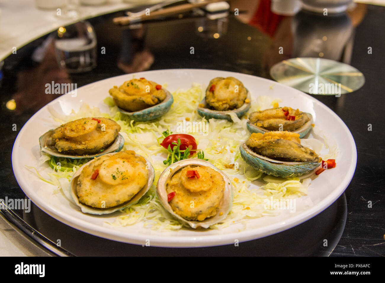 Local seafood cuisine in Tai O Village, Lantau Island, Hong Kong, China. Stock Photo