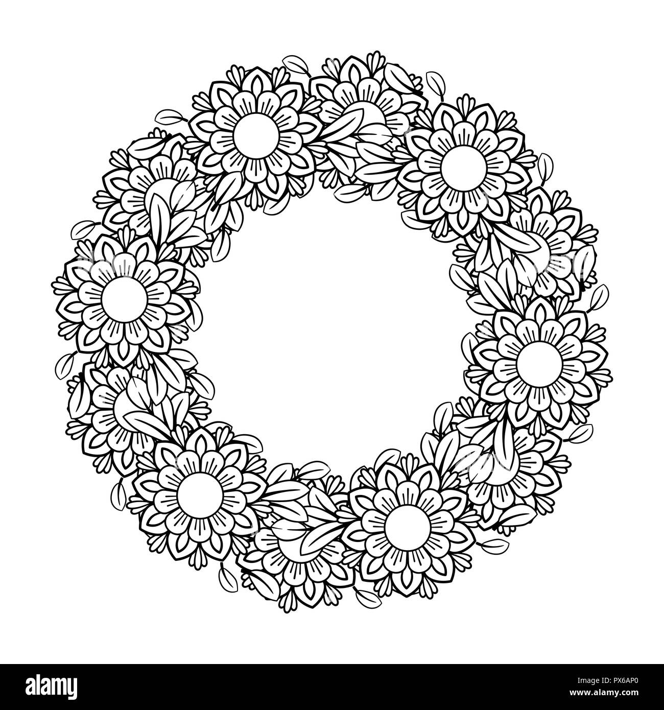 Adult coloring page with flowers pattern. Black and white doodle wreath. Floral mandala. Bouquet line art vector illustration isolated on white background. Round design element Stock Vector