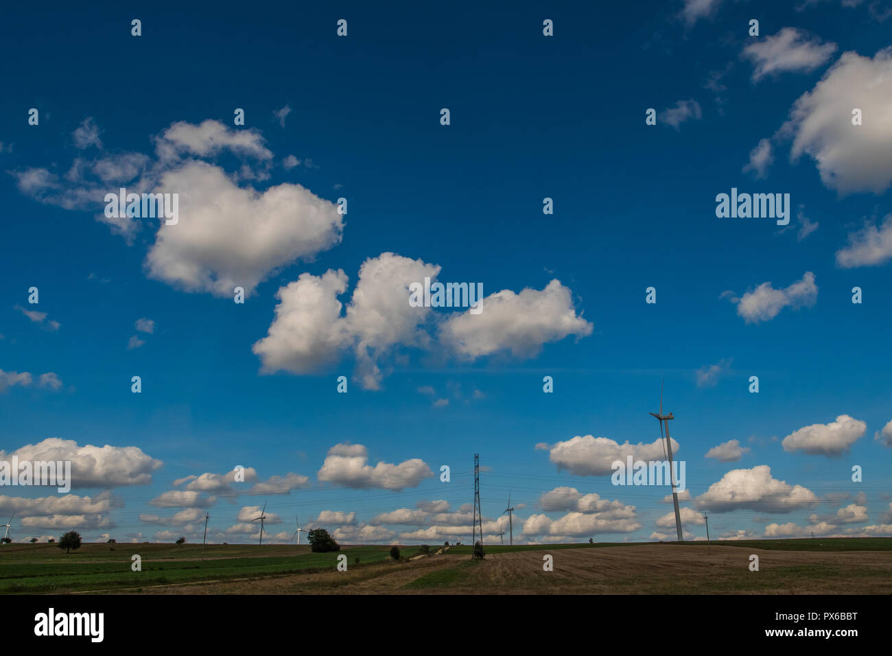 rural landscape with field and wind turbines over blue sky with cumulus ...