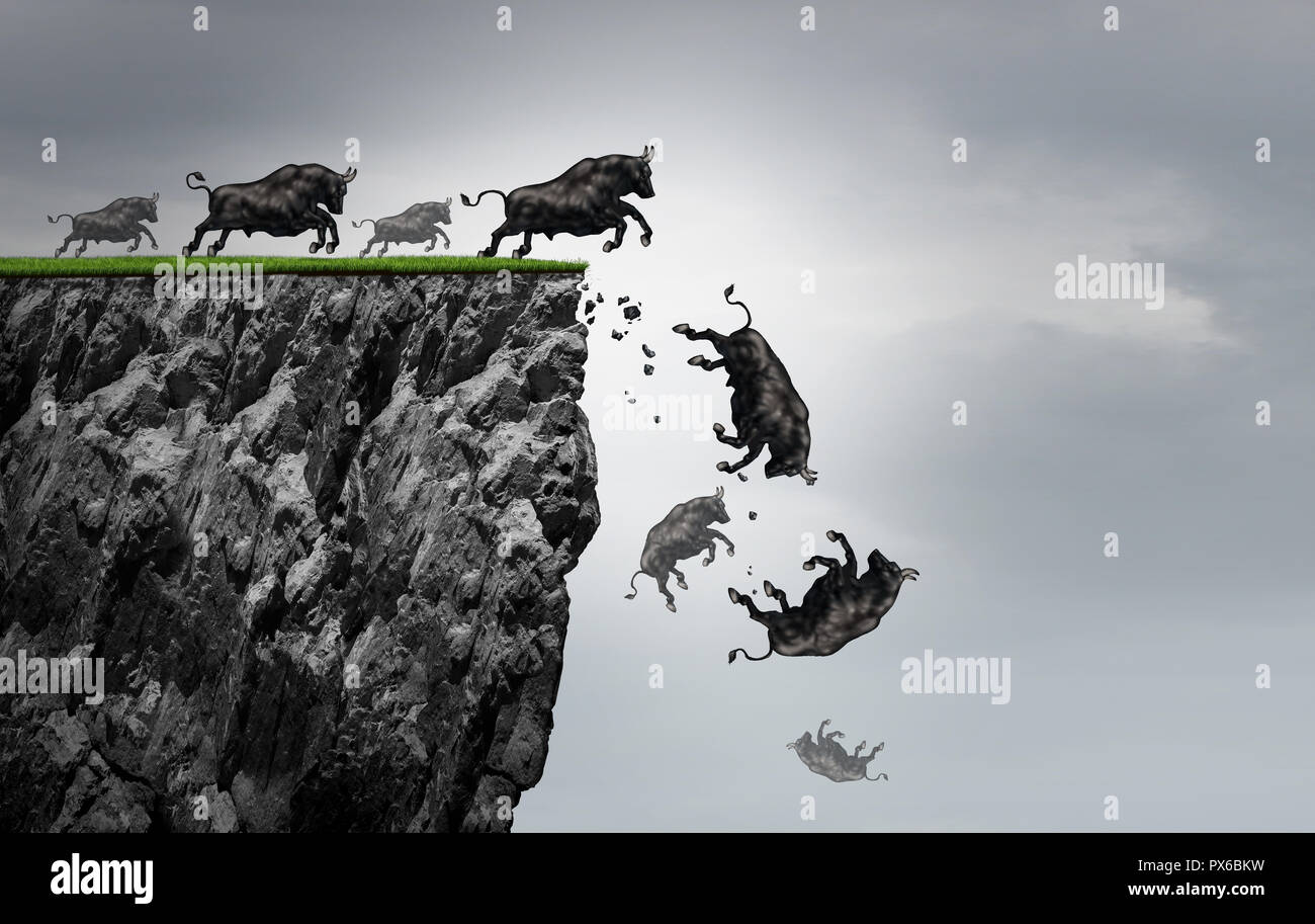 Falling bull market financial business profit decline as a symbol of losing positive gains in a free fall as a bullish icon falling off a cliff. Stock Photo