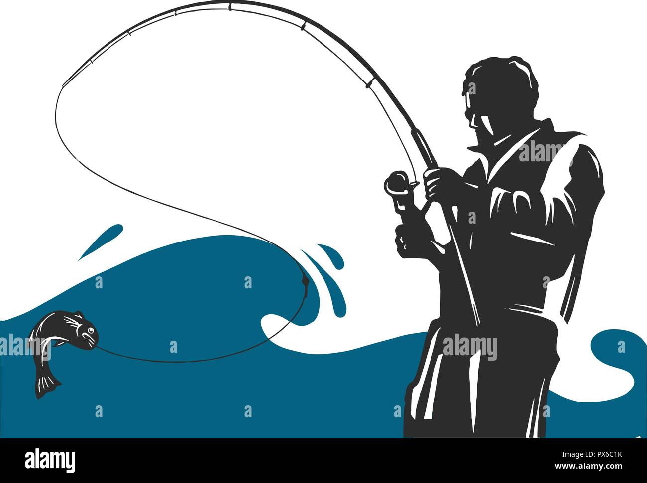 Fishing design for vector. A fisherman catches a boat on a wave. Stock Vector