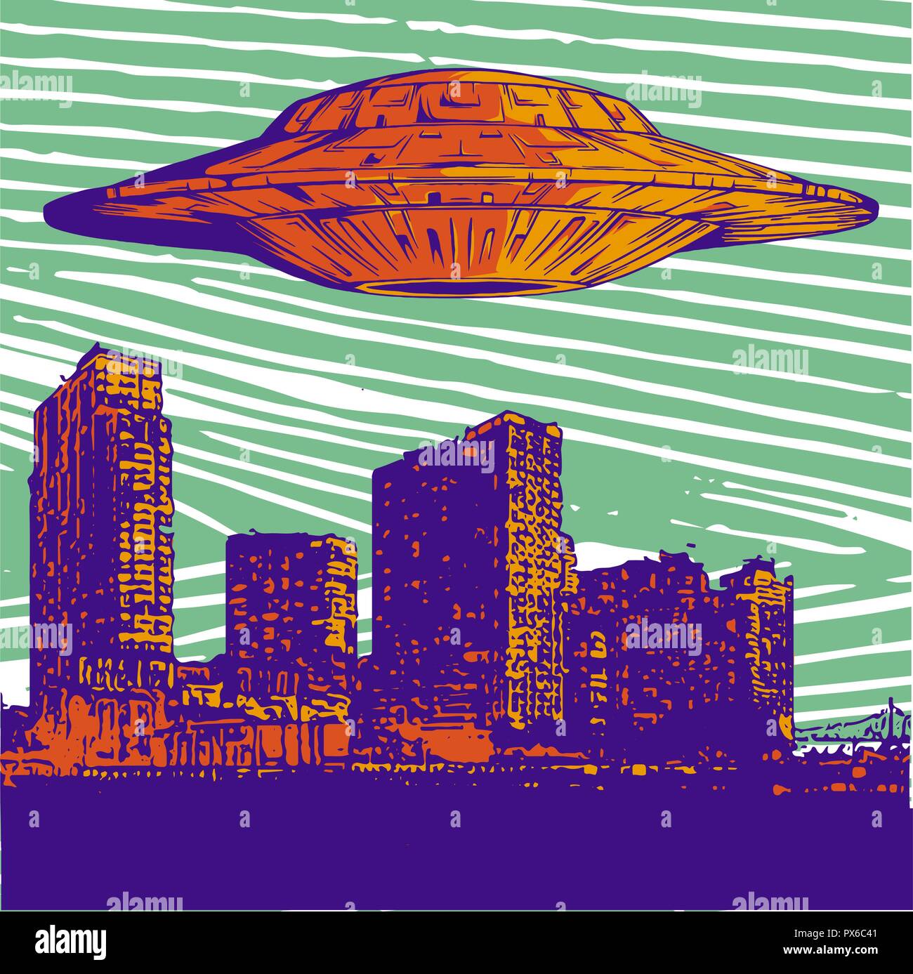 vector illustration UFO with Light Flying Over City at Night Stock Vector