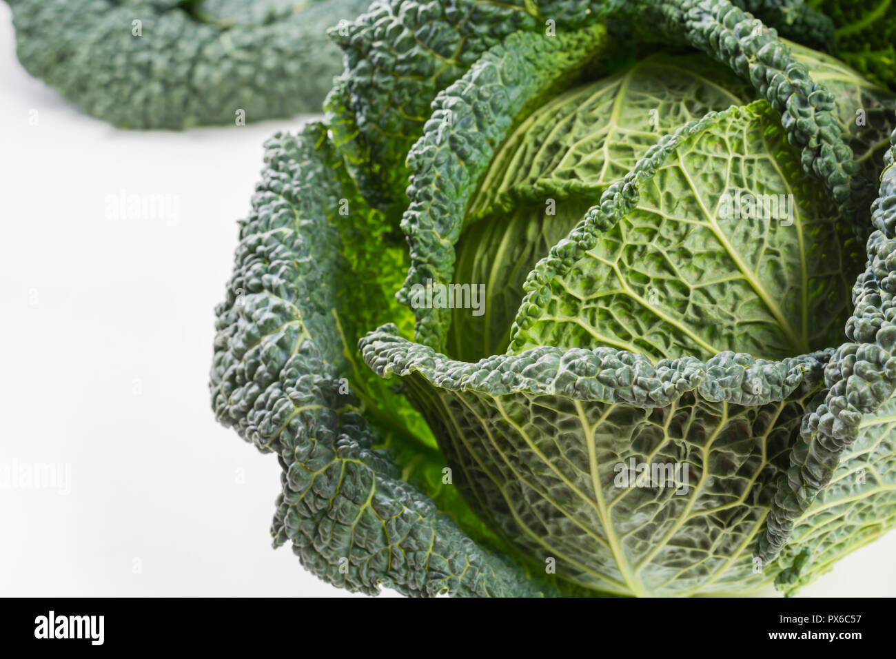 Fresh whole raw green savoy cabbage vegetable on white background Stock ...