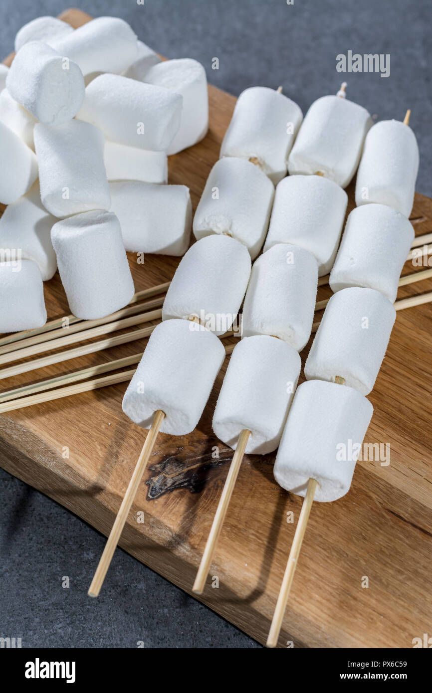 Traditional american sweet marshmallows on skewers ready for grill close up  Stock Photo - Alamy