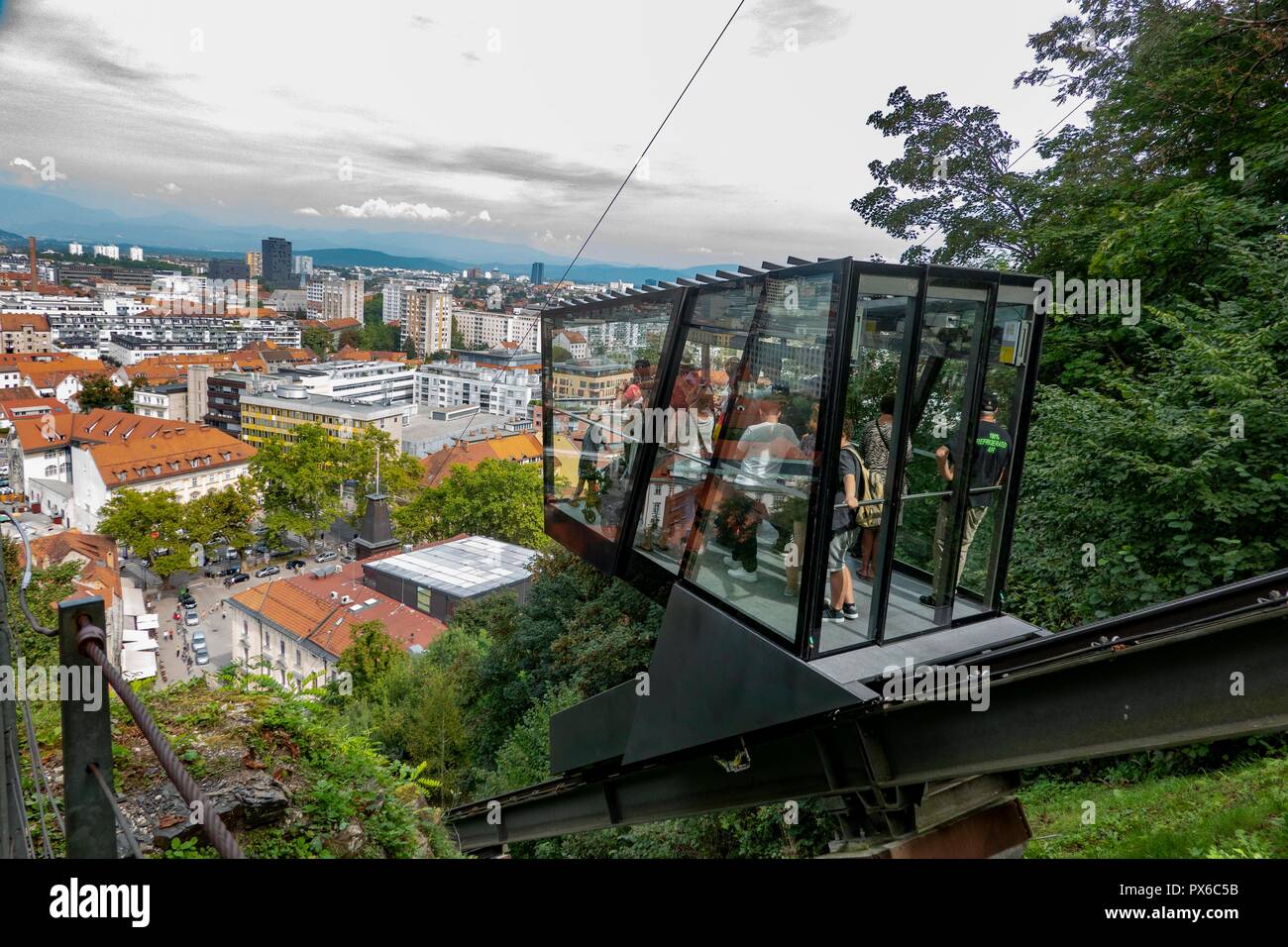 Slovenia, Ljubiljana, Riding up to the castle in a funicular railway is one of the main attractions of Ljubljana, Stock Photo