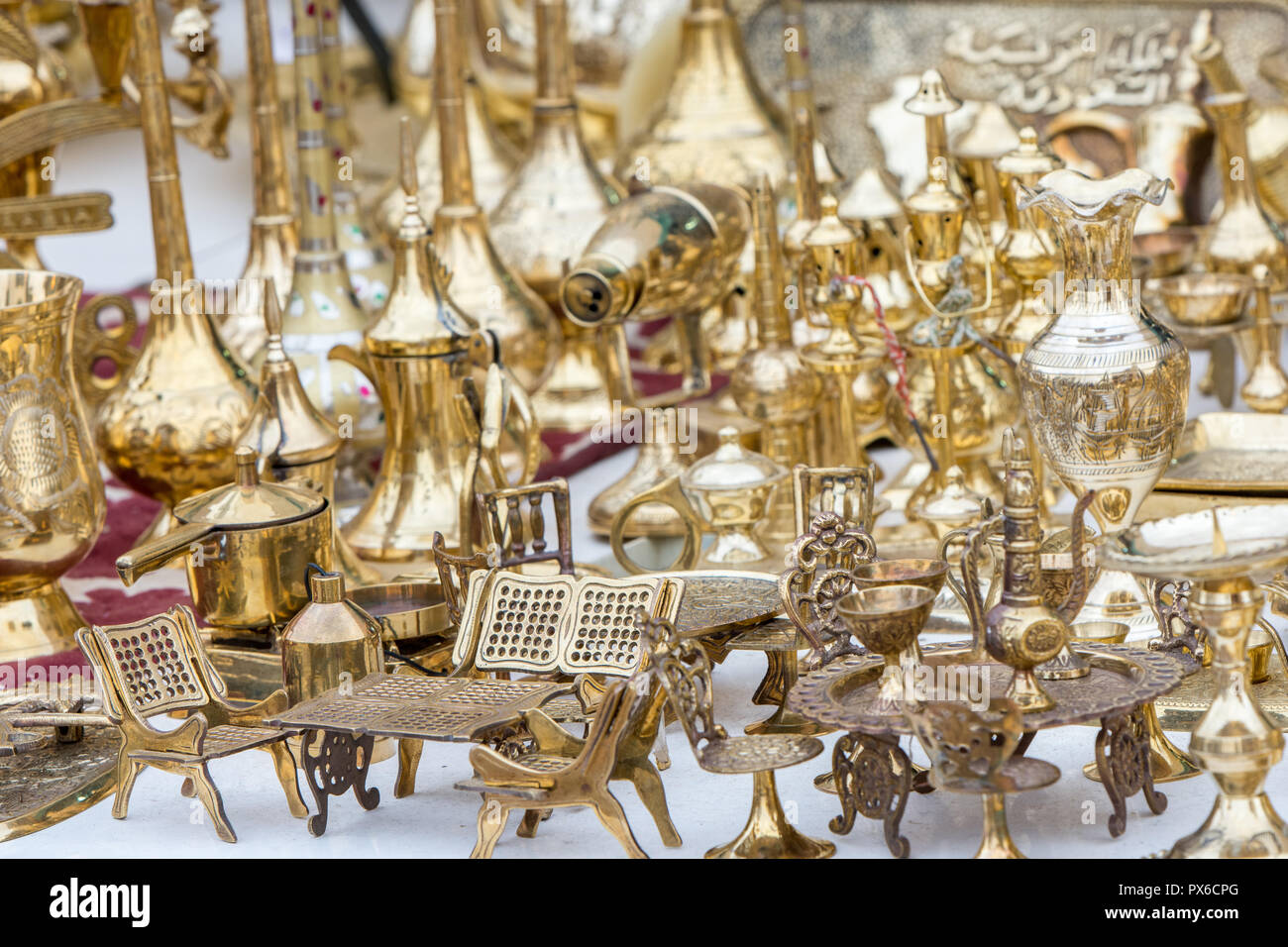 traditional brass utensils in Janadriyah festival essay in Saudi Arabia Stock Photo