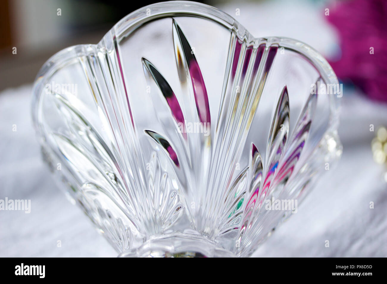 Macro view of beautiful lead crystal glass with scalloped edges