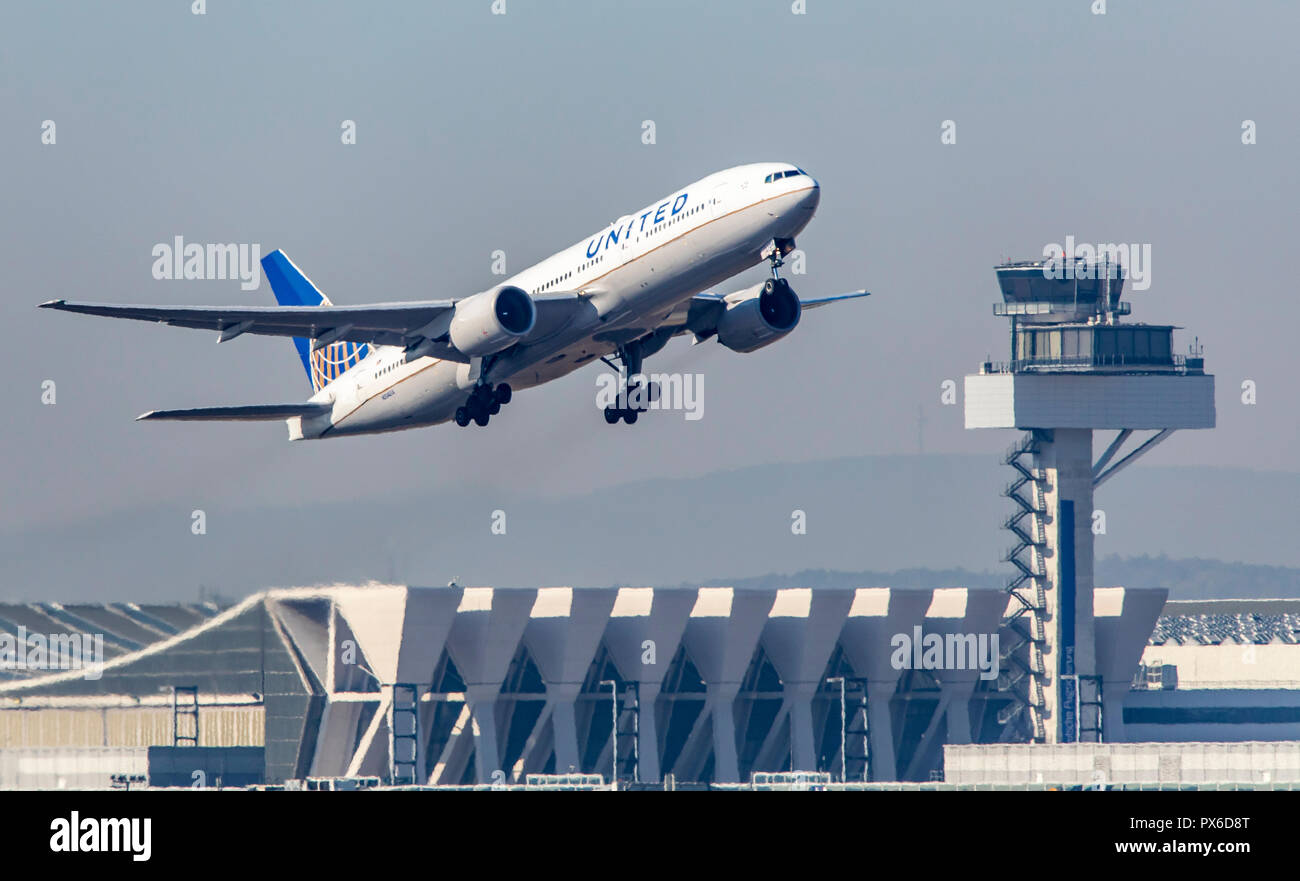 Frankfurt / Main Airport, FRA, Fraport, United Boeing 777, at take-off,Air Traffic Control Tower, Stock Photo