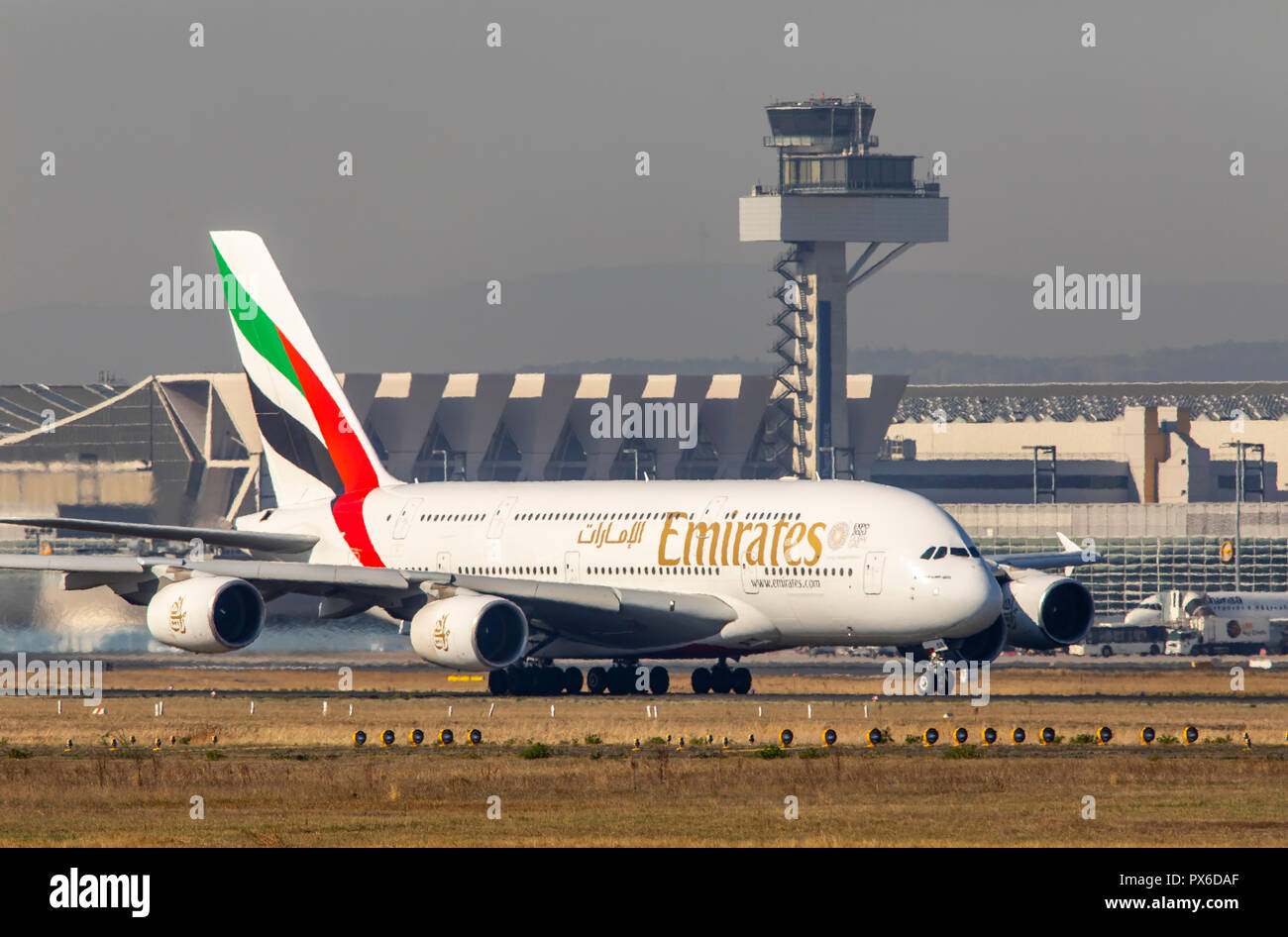 Frankfurt / Main Airport, FRA, Fraport, Emirates Airbus A380-800, take the taxiway to the terminal Stock Photo