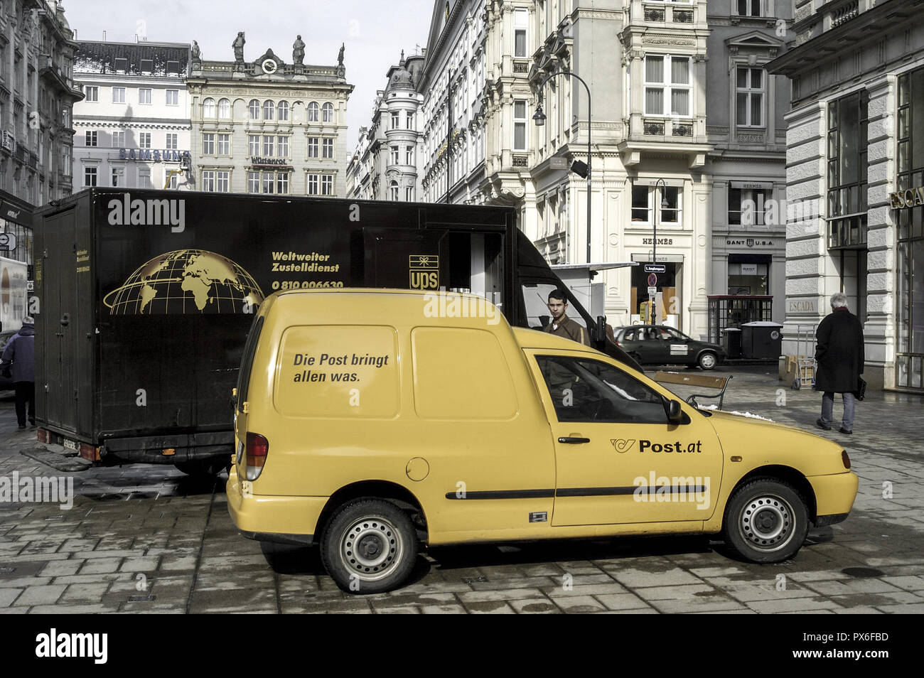 Post car and car of a delivery service, Austria, Vienna, 1. district,  Graben Stock Photo - Alamy