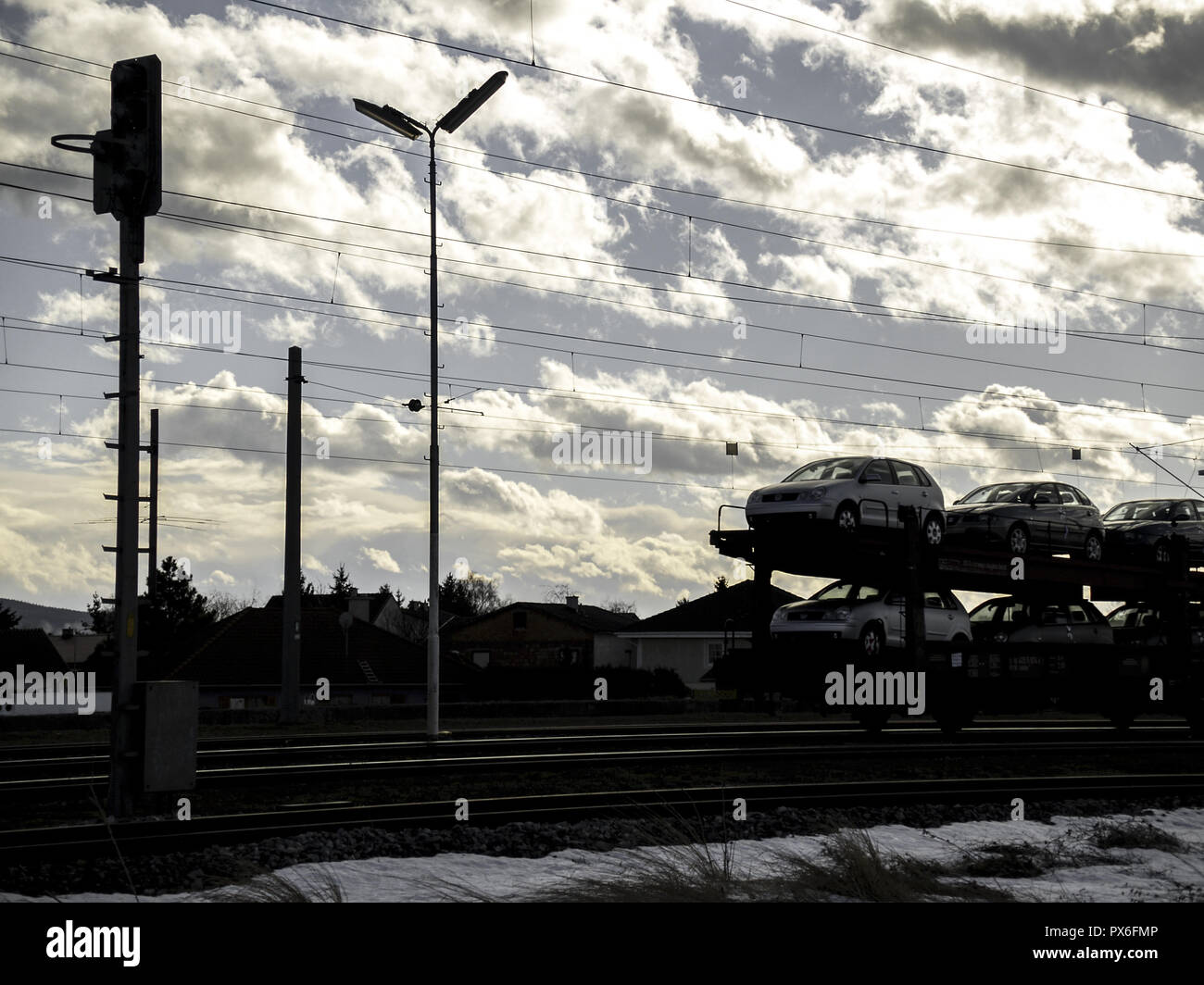 Car transport train in railway station, Austria, Lower Austria, Southern Lower Austria