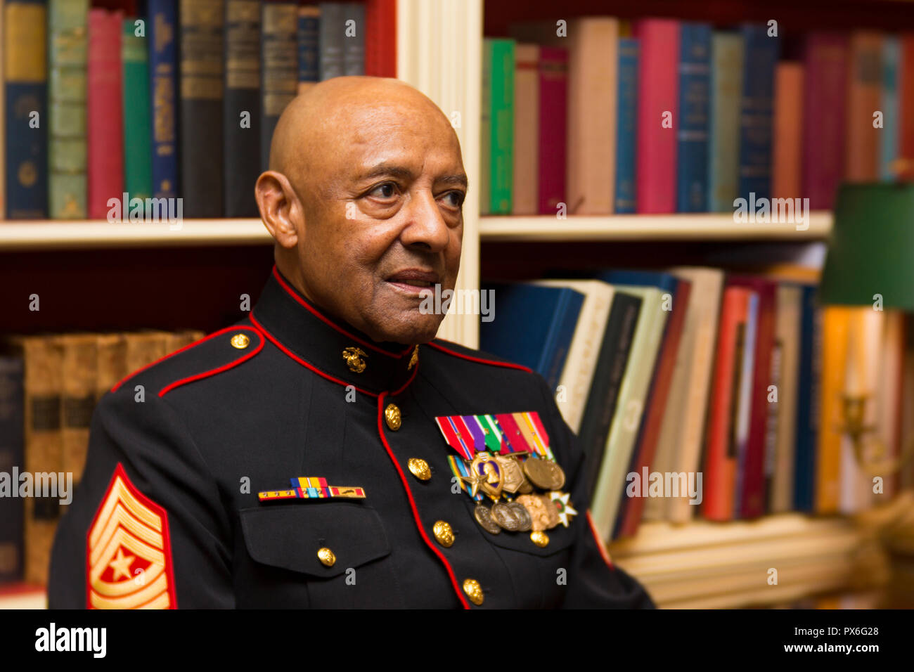 Medal of Honor recipient retired U.S. Marine Sgt. Maj. John Canley during a tour of the White House prior to the presentation ceremony in the East Room of the White House October 17, 2018 in Washington, DC. Canley received the nations highest honor for actions during the Battle of Hue in the Vietnam War. Stock Photo