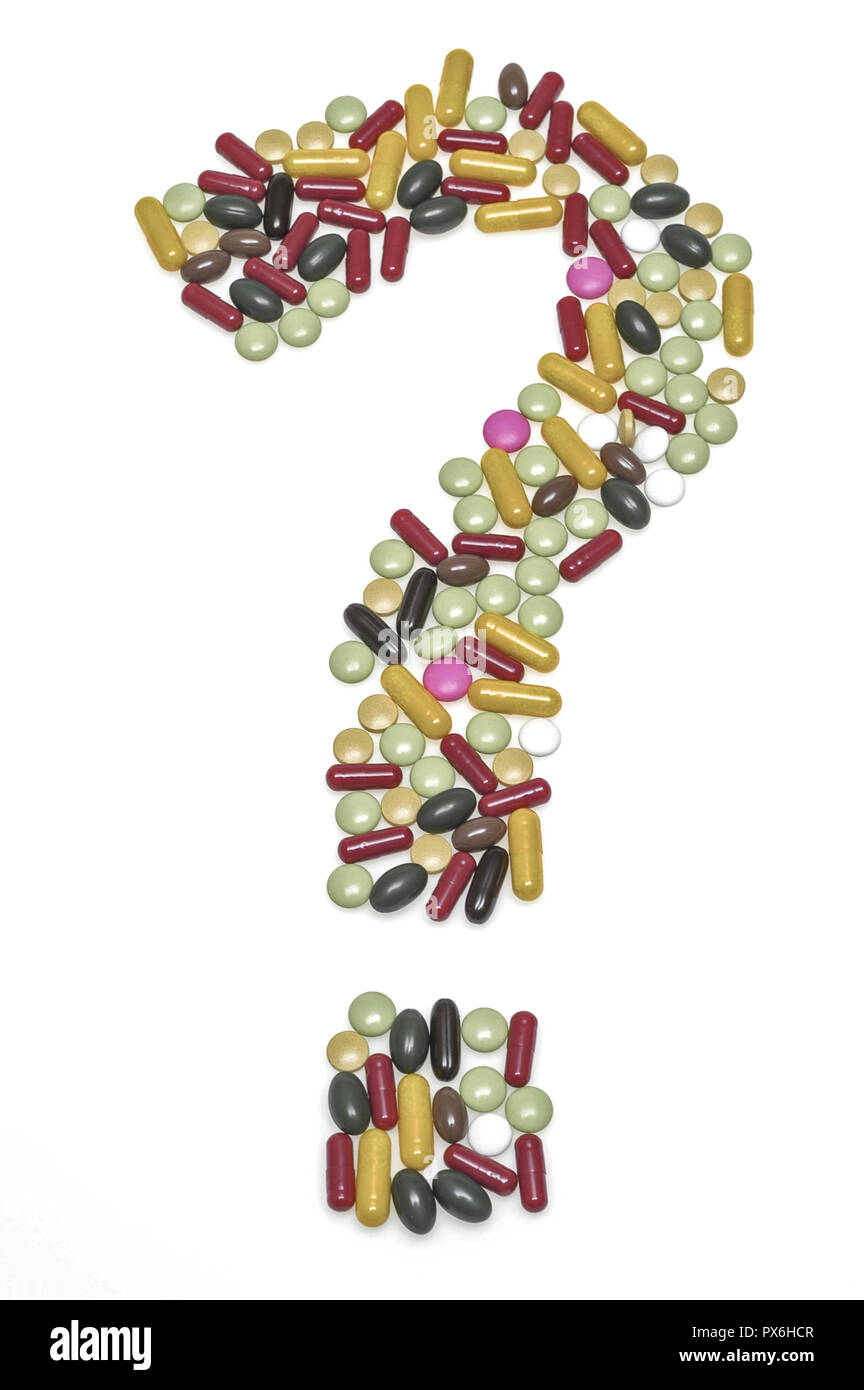Pills, question, symbol, symbol for the questionable future of medicine ...