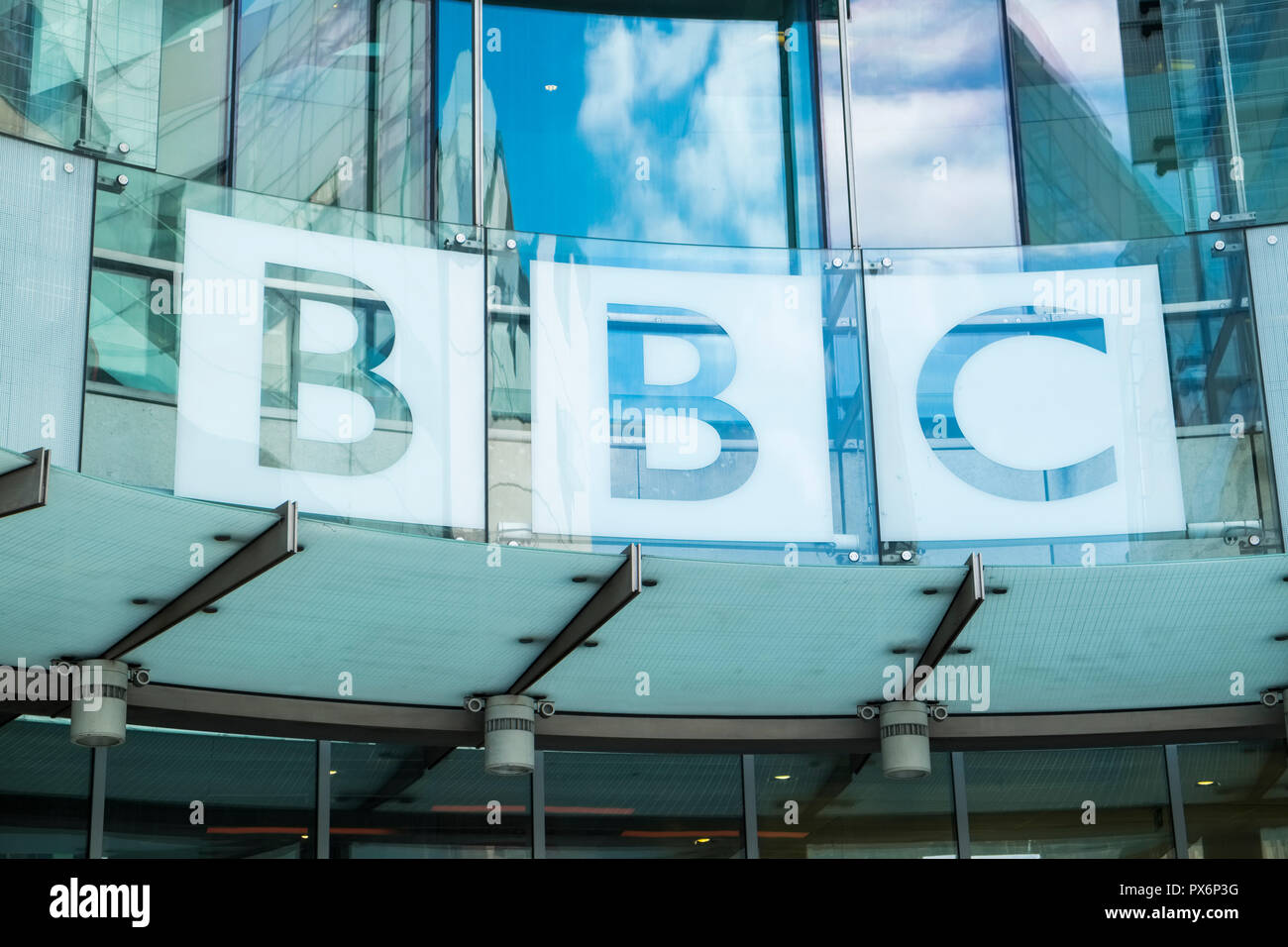 BBC sign, New Broadcasting House, London, England, UK Stock Photo