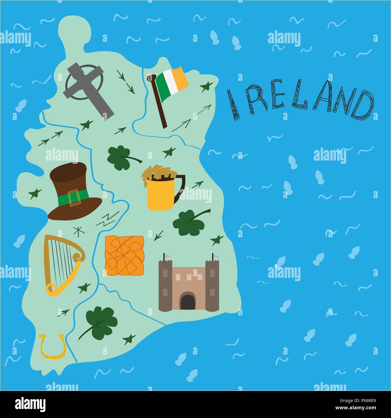 Illustrated map of Ireland national elements in doodle style. Editable vector illustration Stock Vector