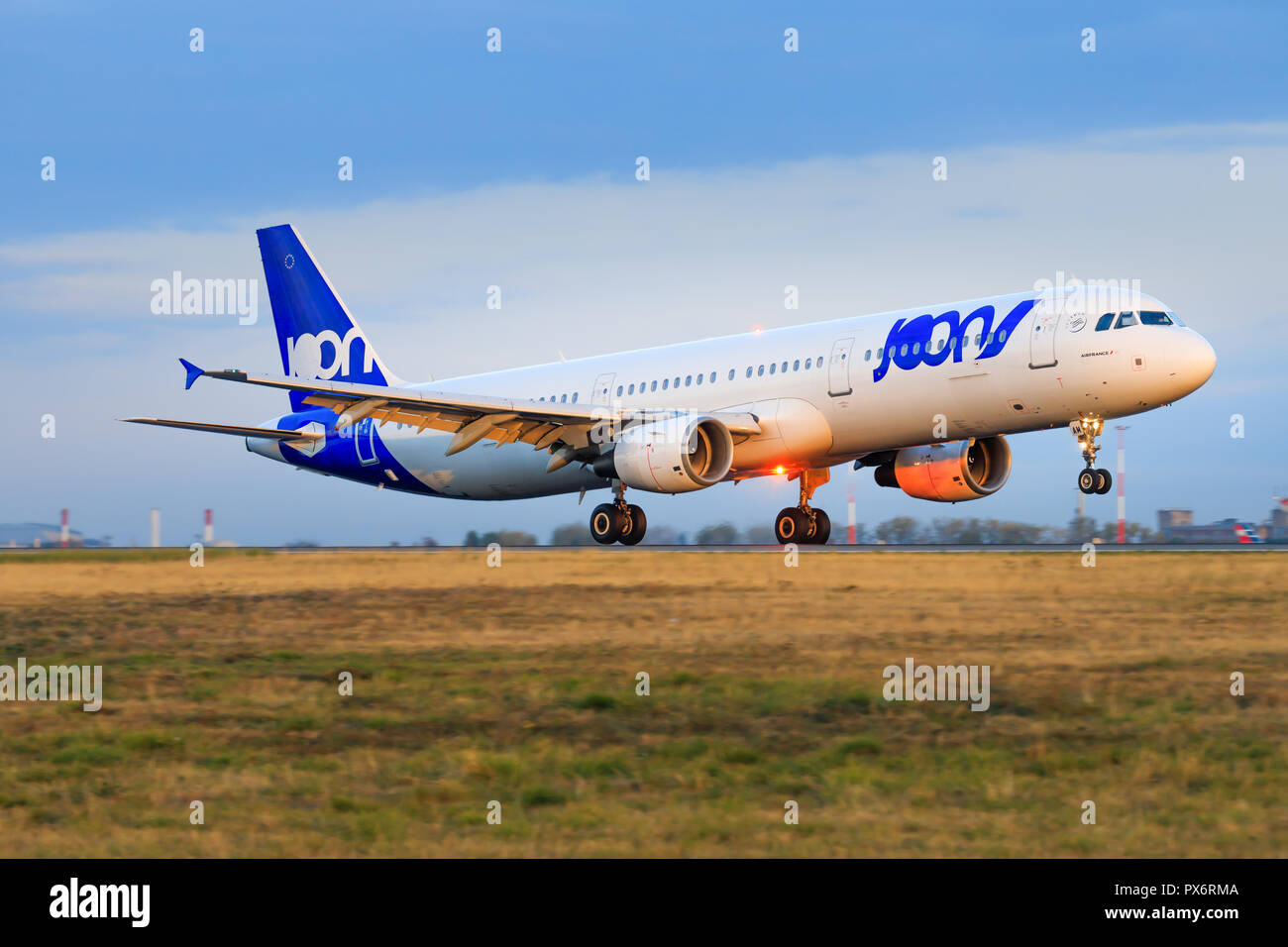 Paris/France October 9, 2018: Airbus a340 from Joon Air landing at Paris Airport. Stock Photo