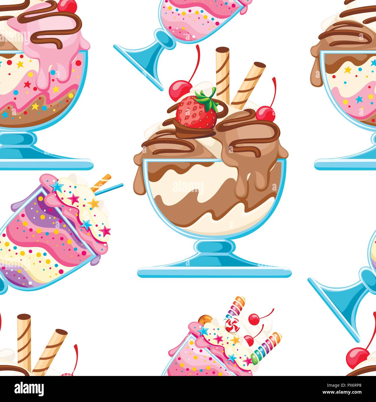 Seamless pattern. Set of Ice cream dessert in a glass bowls. Fruit sweet dessert with wafer straws, berries, chocolate. Flat vector illustration on wh Stock Vector
