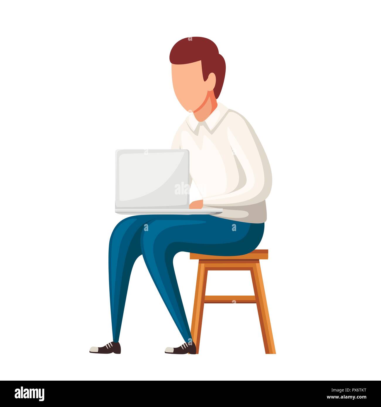 Man sit on chair with laptop. No face character design. Flat vector illustration isolated on white background. Stock Vector