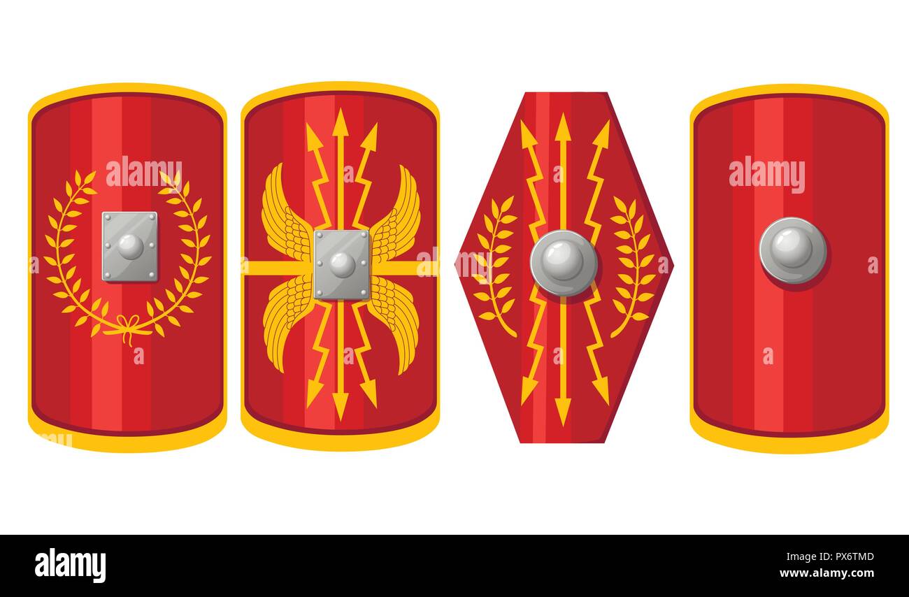 Collection of shields. Shields of Roman Legionary. Red scutum with yellow decoration pattern. Outfit of the Ancient Legionary. Flat vector illustratio Stock Vector
