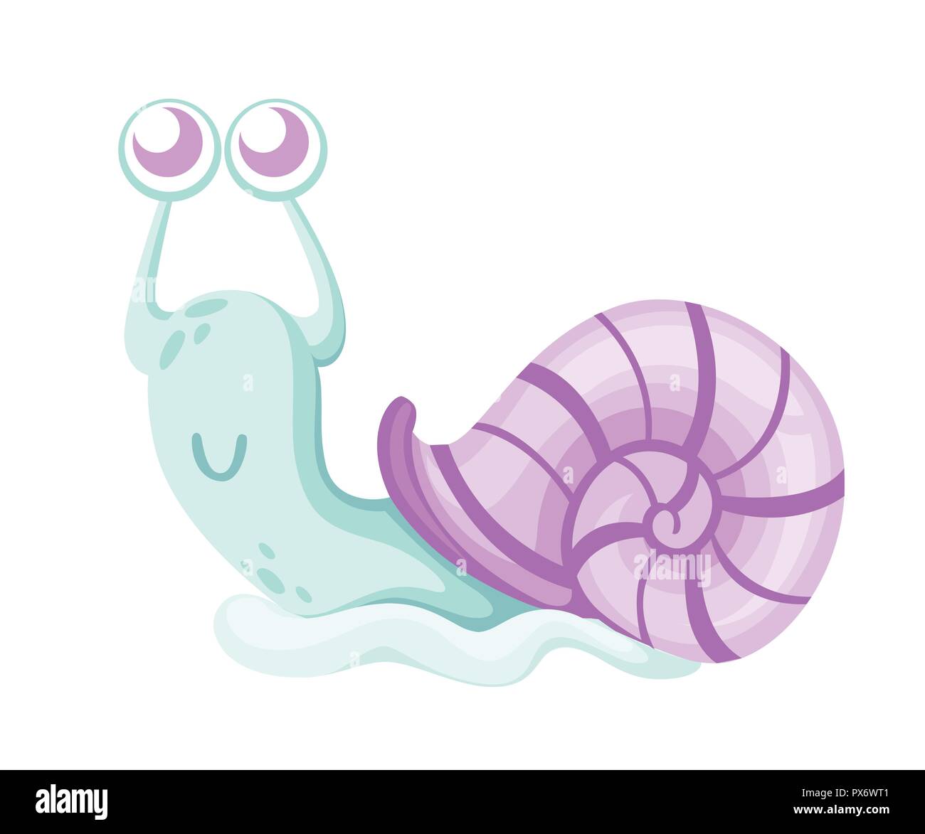 Cute sea snail. Cartoon character design. Blue snail with purple shell
