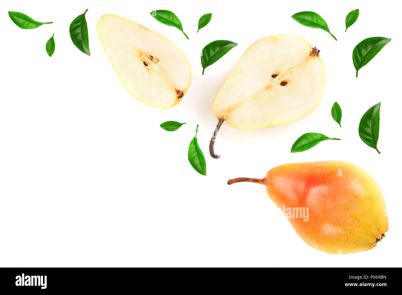 ripe red yellow pear fruits with leaves isolated on white background ...