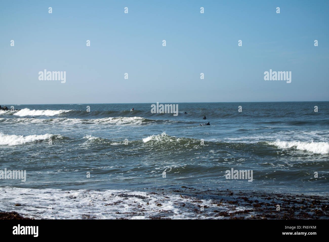 Ofir beach in Portugal, surf spot. Surfers on the waves, ocean swell
