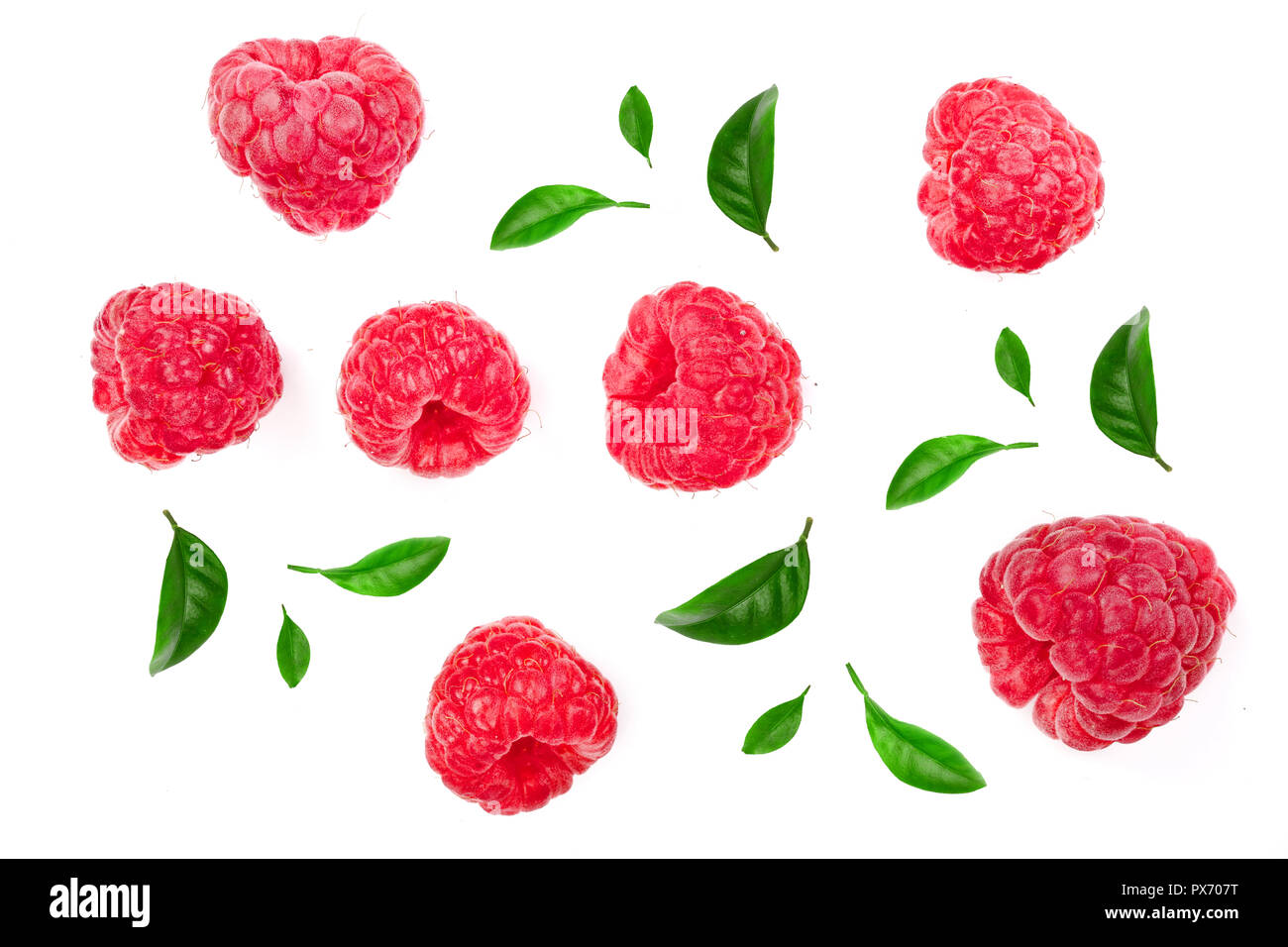Raspberry Flat Lay raspberries with leaves isolated on white background. Top view. Flat ...