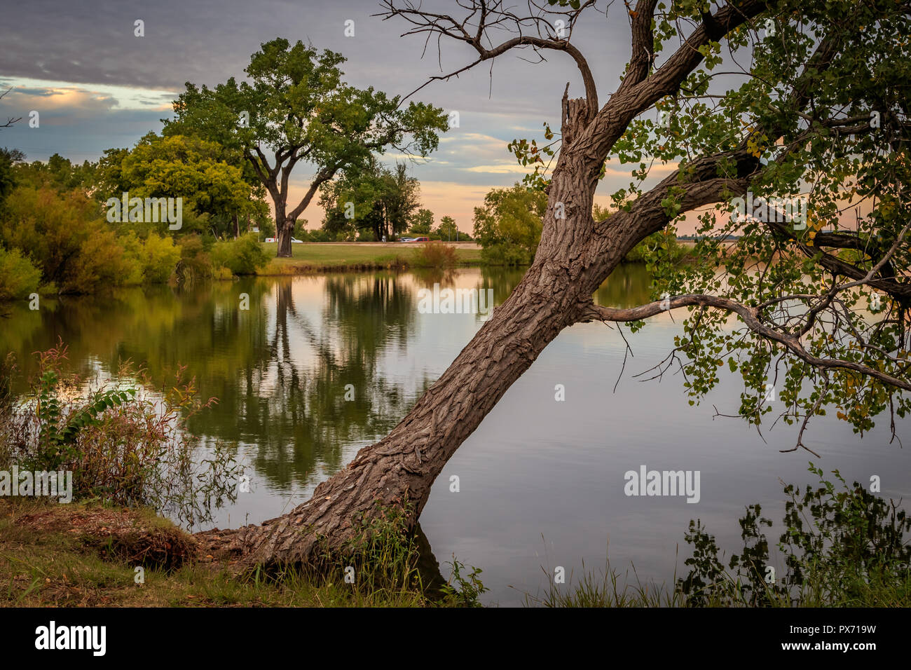 Oklahoma City's Lake Hefner at the days end in early autumn Stock Photo