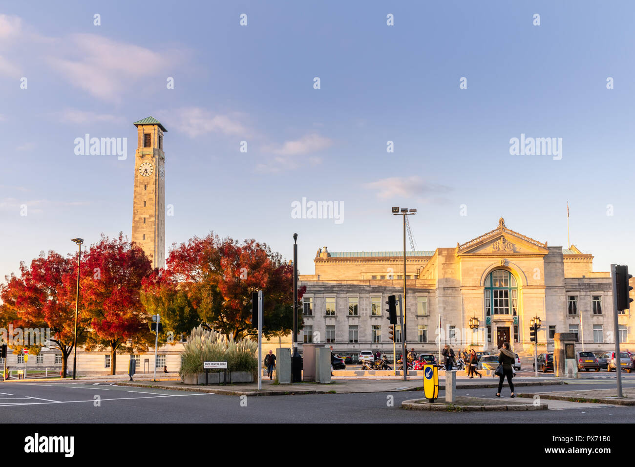 The Civic Centre with its prominent Clock Tower during autumn 2018 in the city centre of Southampton - street scene, Hampshire, England, UK Stock Photo