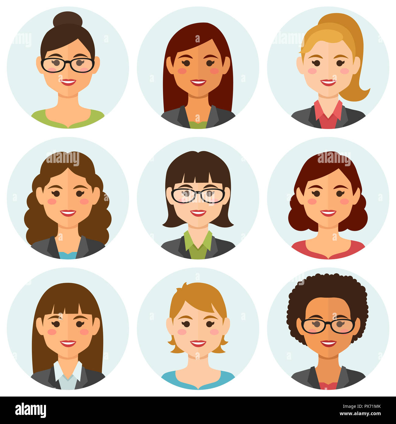 Business women flat avatars set with smiling face. Team icons collection. Vector illustration. Stock Photo