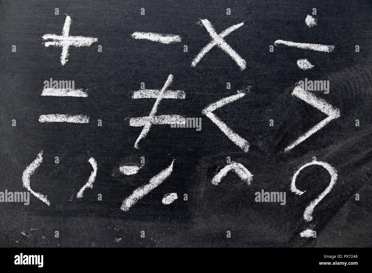 Set of basic math symbol draw by white chalk on blackboard background ...